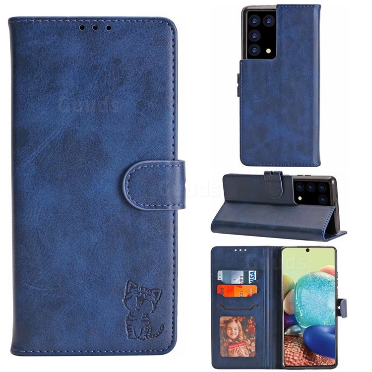 Embossing Happy Cat Leather Wallet Case for Samsung Galaxy S21 Ultra - Blue