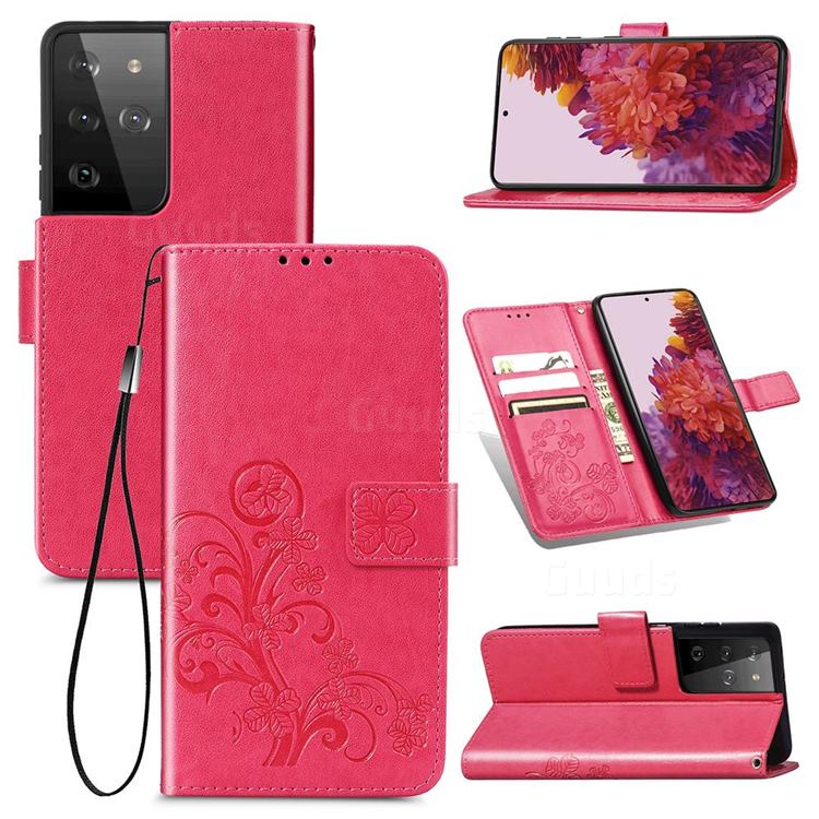 Embossing Imprint Four-Leaf Clover Leather Wallet Case for Samsung Galaxy S21 Ultra - Rose Red