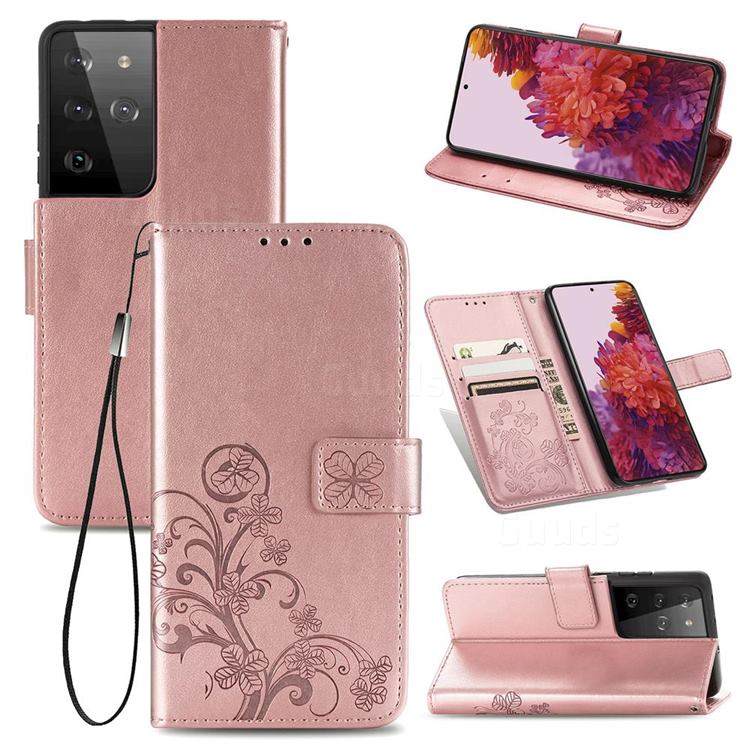 Embossing Imprint Four-Leaf Clover Leather Wallet Case for Samsung Galaxy S21 Ultra - Rose Gold