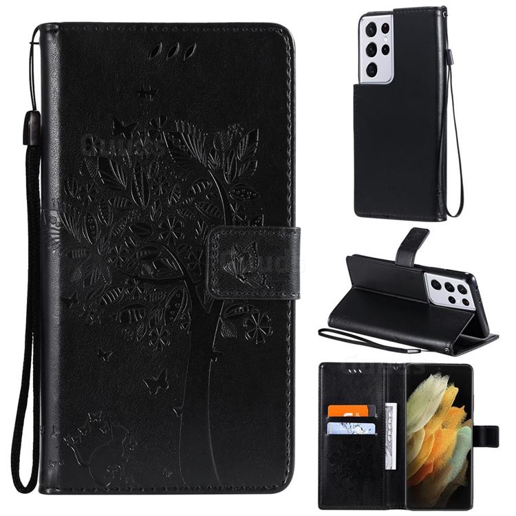 Embossing Butterfly Tree Leather Wallet Case for Samsung Galaxy S21 Ultra - Black