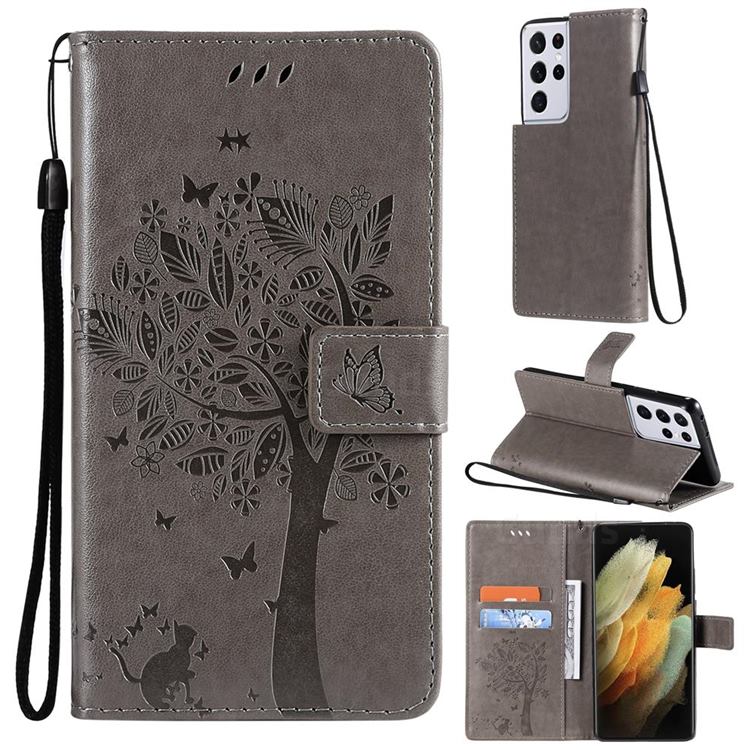 Embossing Butterfly Tree Leather Wallet Case for Samsung Galaxy S21 Ultra - Grey
