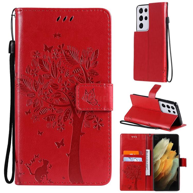 Embossing Butterfly Tree Leather Wallet Case for Samsung Galaxy S21 Ultra - Red