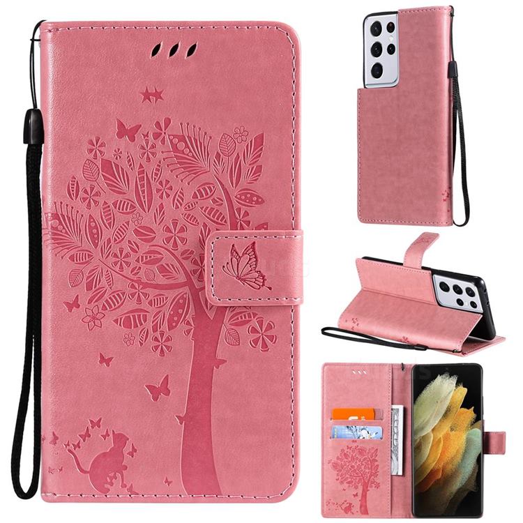 Embossing Butterfly Tree Leather Wallet Case for Samsung Galaxy S21 Ultra - Pink