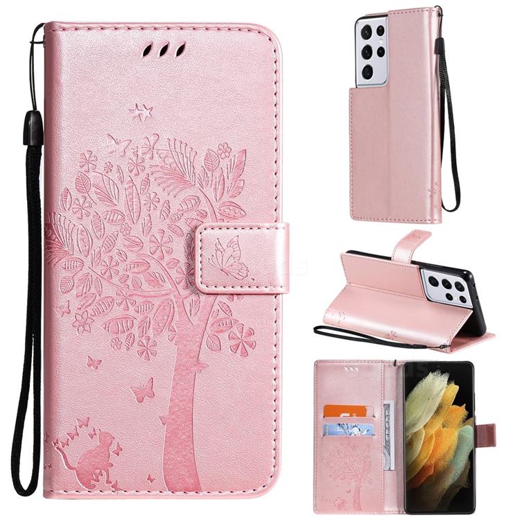 Embossing Butterfly Tree Leather Wallet Case for Samsung Galaxy S21 Ultra - Rose Pink
