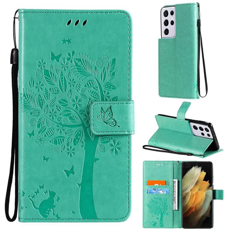 Embossing Butterfly Tree Leather Wallet Case for Samsung Galaxy S21 Ultra - Cyan