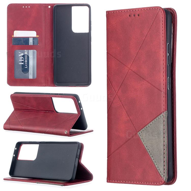 Prismatic Slim Magnetic Sucking Stitching Wallet Flip Cover for Samsung Galaxy S21 Ultra - Red