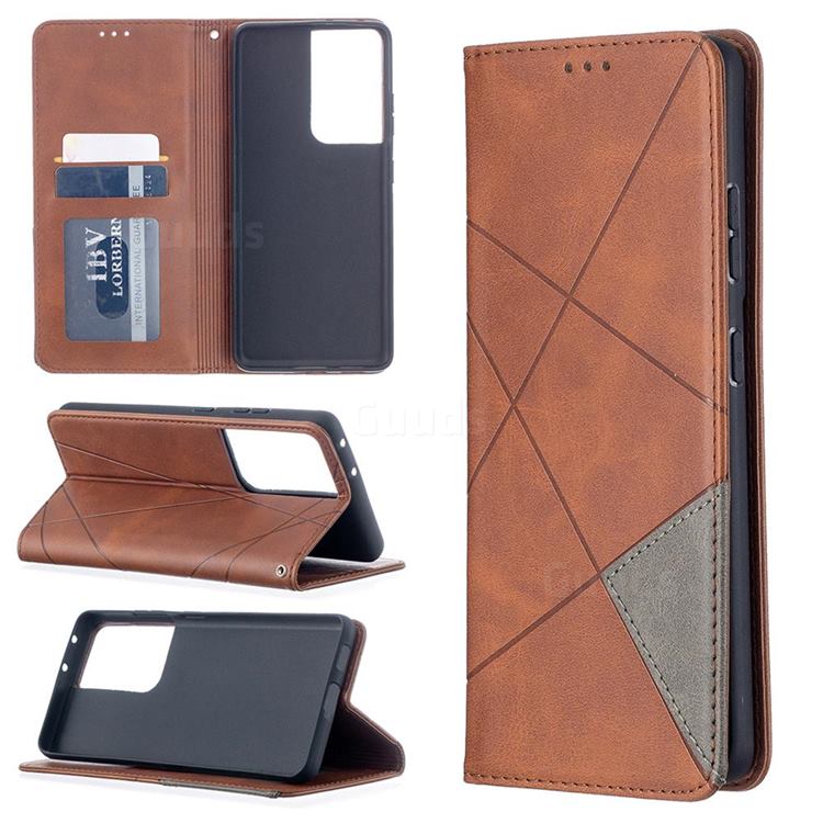 Prismatic Slim Magnetic Sucking Stitching Wallet Flip Cover for Samsung Galaxy S21 Ultra - Brown