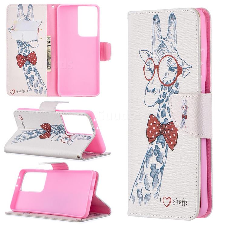 Glasses Giraffe Leather Wallet Case for Samsung Galaxy S21 Ultra