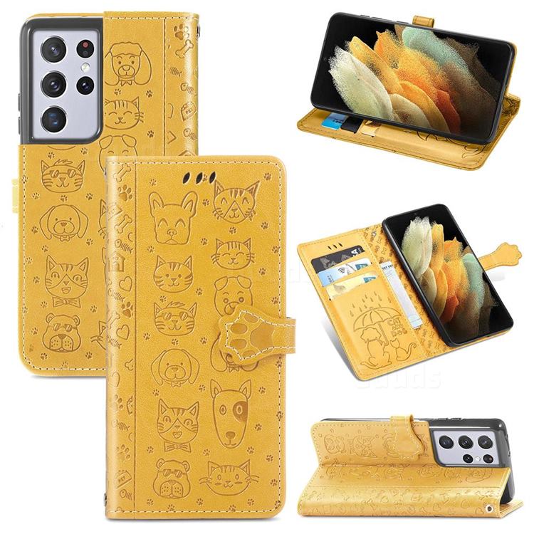 Embossing Dog Paw Kitten and Puppy Leather Wallet Case for Samsung Galaxy S21 Ultra - Yellow