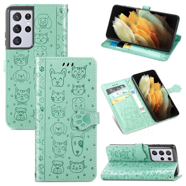 Embossing Dog Paw Kitten and Puppy Leather Wallet Case for Samsung Galaxy S21 Ultra - Green