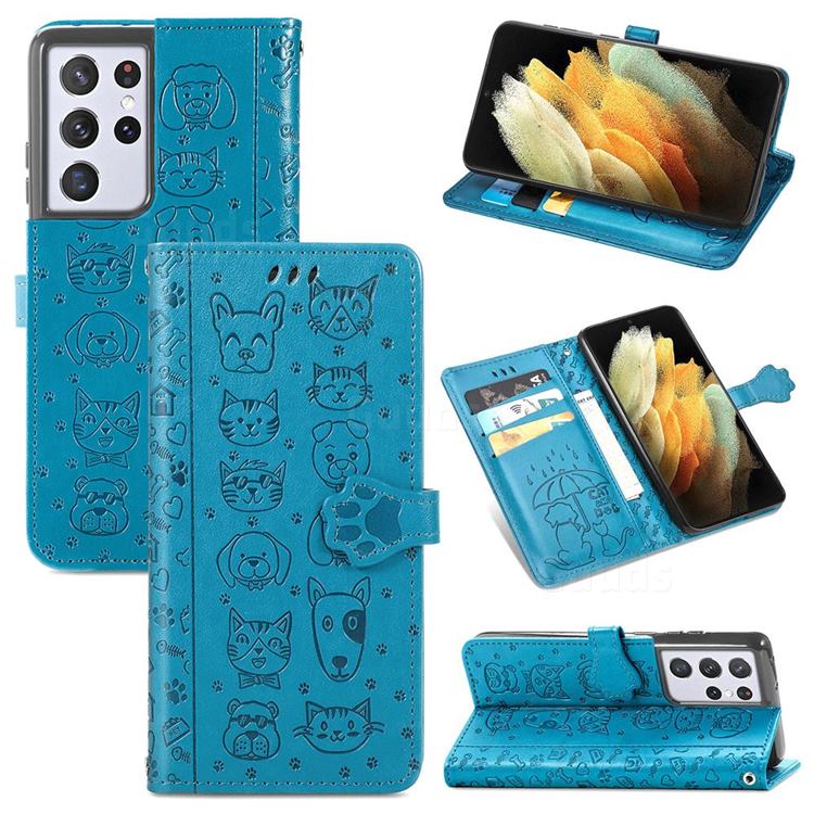 Embossing Dog Paw Kitten and Puppy Leather Wallet Case for Samsung Galaxy S21 Ultra - Blue
