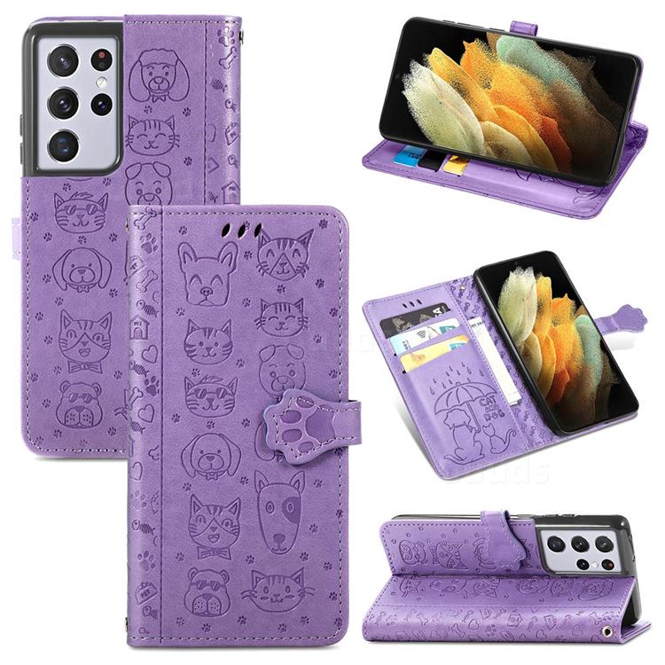 Embossing Dog Paw Kitten and Puppy Leather Wallet Case for Samsung Galaxy S21 Ultra - Purple