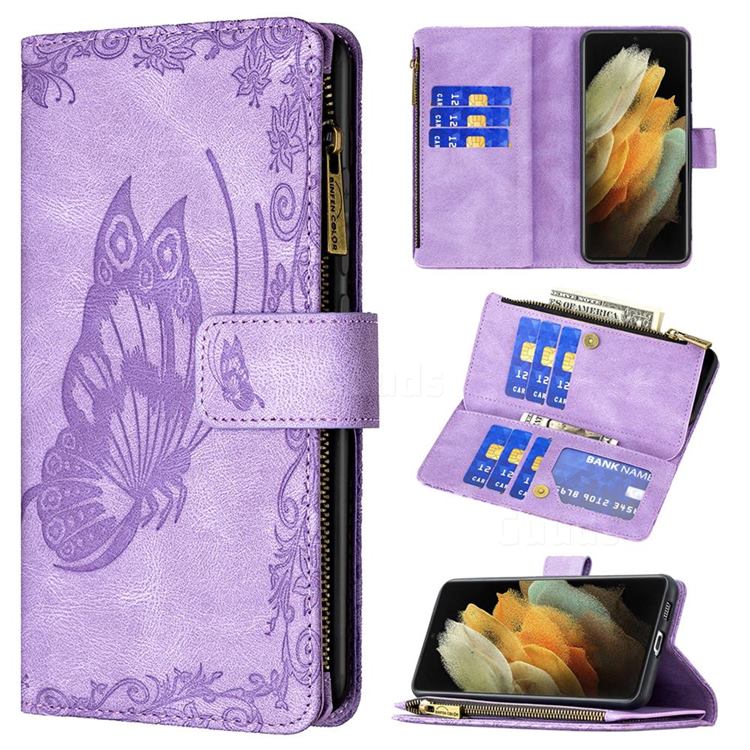 Binfen Color Imprint Vivid Butterfly Buckle Zipper Multi-function Leather Phone Wallet for Samsung Galaxy S21 Ultra - Purple