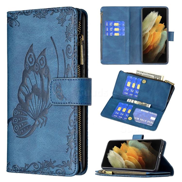 Binfen Color Imprint Vivid Butterfly Buckle Zipper Multi-function Leather Phone Wallet for Samsung Galaxy S21 Ultra - Blue