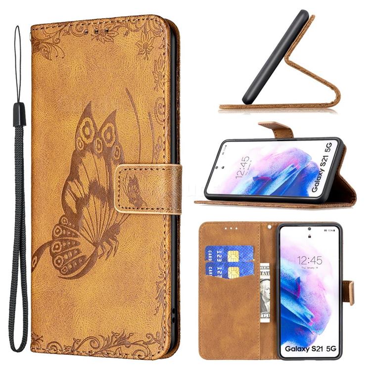 Binfen Color Imprint Vivid Butterfly Leather Wallet Case for Samsung Galaxy S21 Ultra - Brown