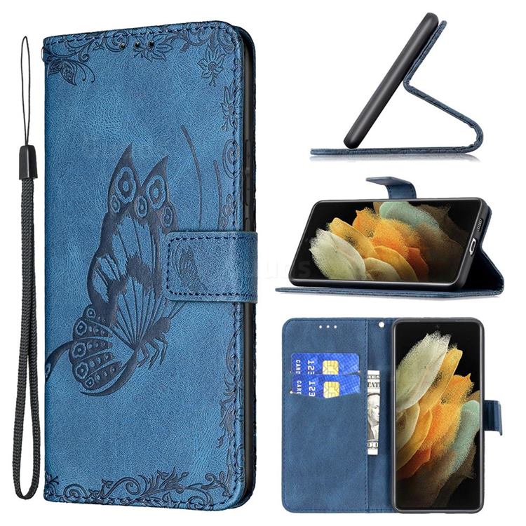Binfen Color Imprint Vivid Butterfly Leather Wallet Case for Samsung Galaxy S21 Ultra - Blue
