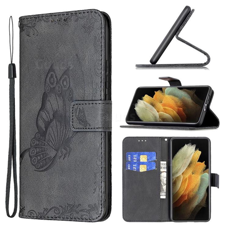 Binfen Color Imprint Vivid Butterfly Leather Wallet Case for Samsung Galaxy S21 Ultra - Black