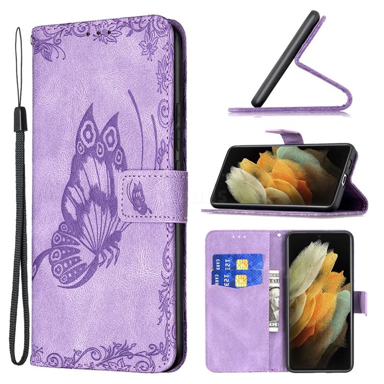 Binfen Color Imprint Vivid Butterfly Leather Wallet Case for Samsung Galaxy S21 Ultra - Purple