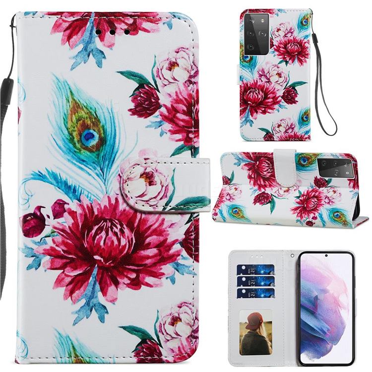 Peacock Flower Smooth Leather Phone Wallet Case for Samsung Galaxy S21 Ultra