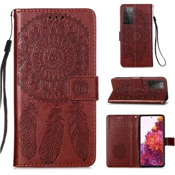 Embossing Dream Catcher Mandala Flower Leather Wallet Case for Samsung Galaxy S21 Ultra - Brown