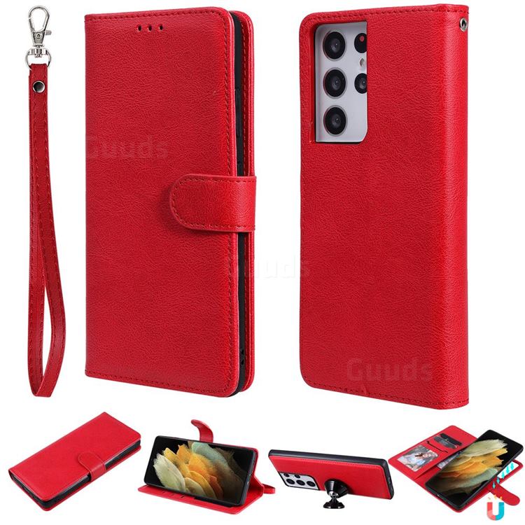 Retro Greek Detachable Magnetic PU Leather Wallet Phone Case for Samsung Galaxy S21 Ultra - Red