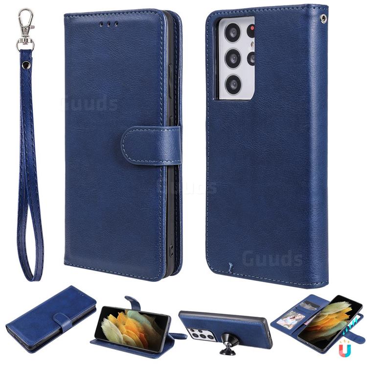 Retro Greek Detachable Magnetic PU Leather Wallet Phone Case for Samsung Galaxy S21 Ultra - Blue
