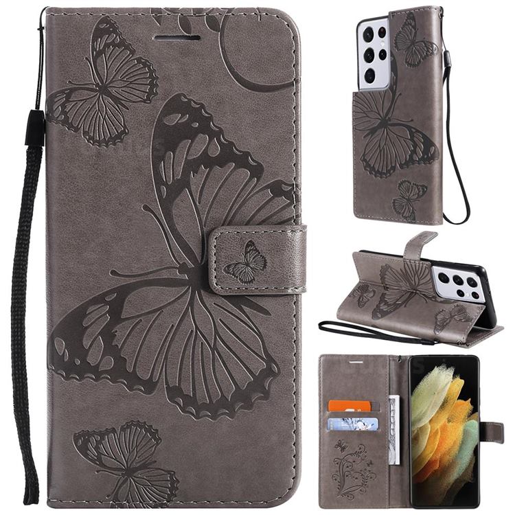 Embossing 3D Butterfly Leather Wallet Case for Samsung Galaxy S21 Ultra - Gray