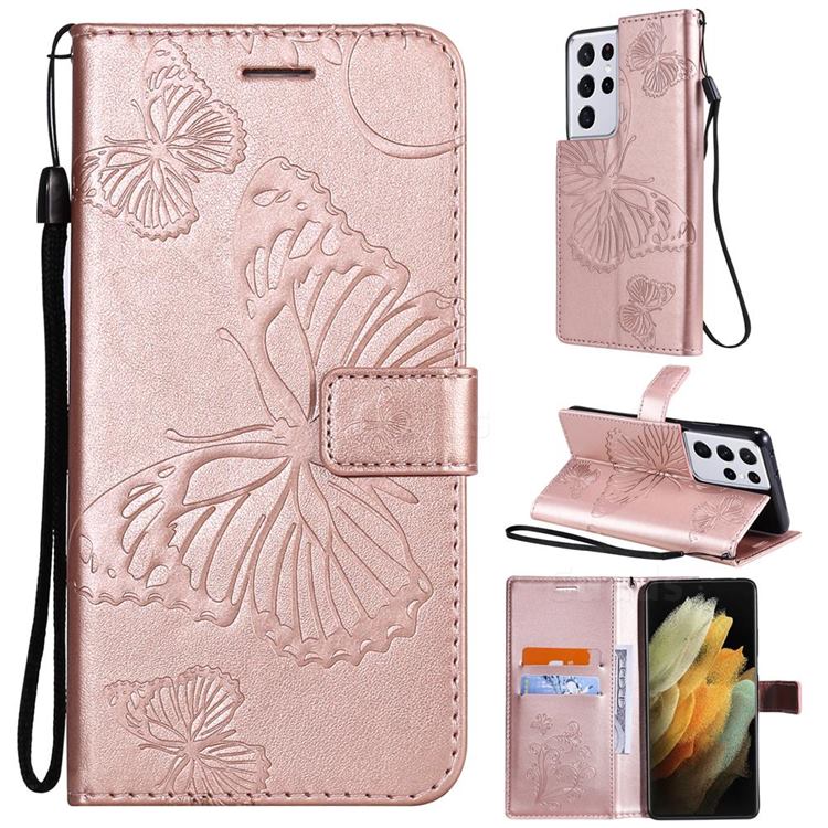 Embossing 3D Butterfly Leather Wallet Case for Samsung Galaxy S21 Ultra - Rose Gold