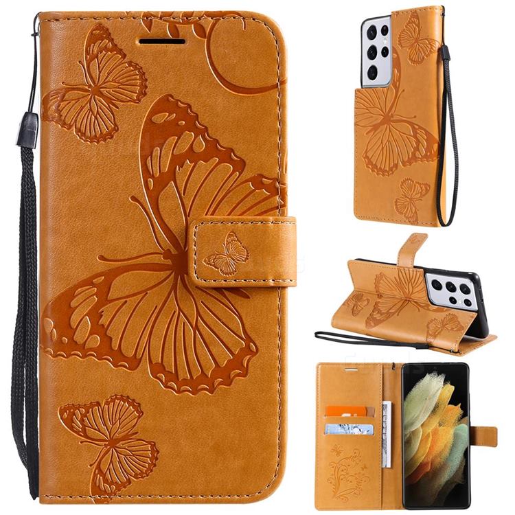 Embossing 3D Butterfly Leather Wallet Case for Samsung Galaxy S21 Ultra - Yellow