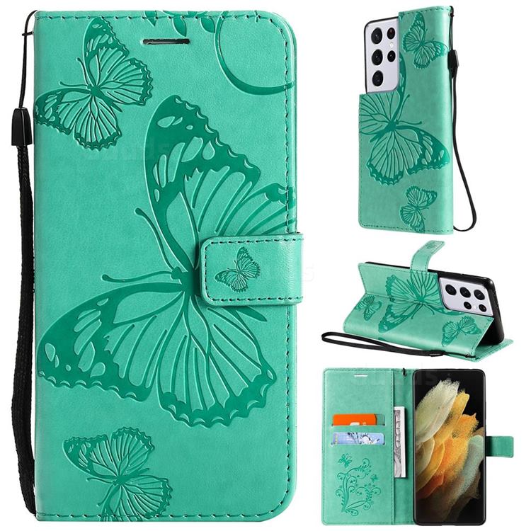 Embossing 3D Butterfly Leather Wallet Case for Samsung Galaxy S21 Ultra - Green