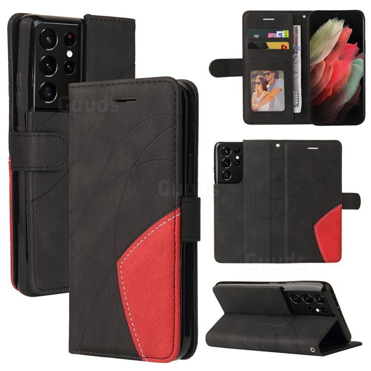 Luxury Two-color Stitching Leather Wallet Case Cover for Samsung Galaxy S21 Ultra - Black