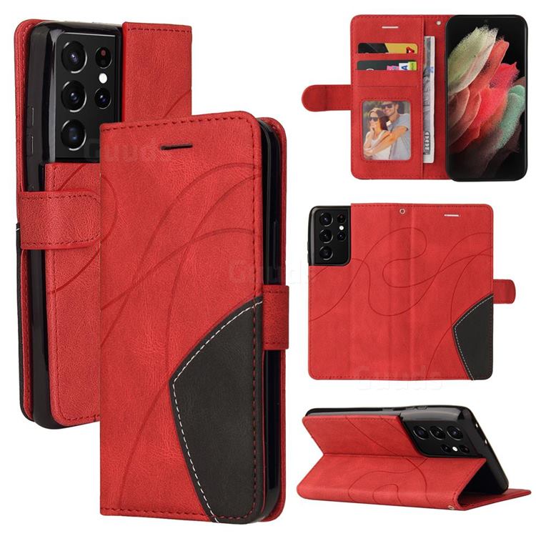 Luxury Two-color Stitching Leather Wallet Case Cover for Samsung Galaxy S21 Ultra - Red