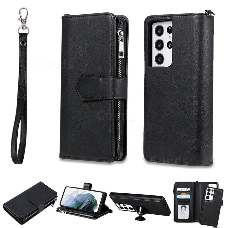 Retro Luxury Multifunction Zipper Leather Phone Wallet for Samsung Galaxy S21 Ultra - Black