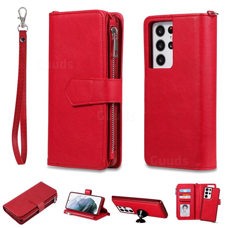 Retro Luxury Multifunction Zipper Leather Phone Wallet for Samsung Galaxy S21 Ultra - Red
