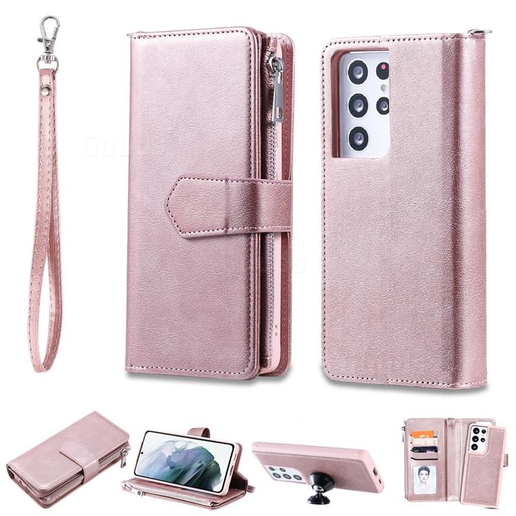 Retro Luxury Multifunction Zipper Leather Phone Wallet for Samsung Galaxy S21 Ultra - Rose Gold