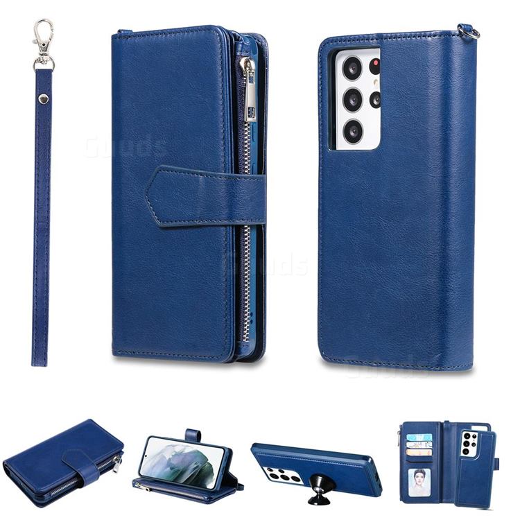 Retro Luxury Multifunction Zipper Leather Phone Wallet for Samsung Galaxy S21 Ultra - Blue