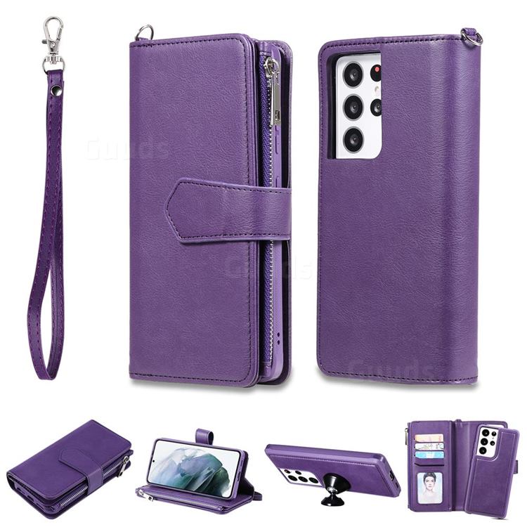 Retro Luxury Multifunction Zipper Leather Phone Wallet for Samsung Galaxy S21 Ultra - Purple