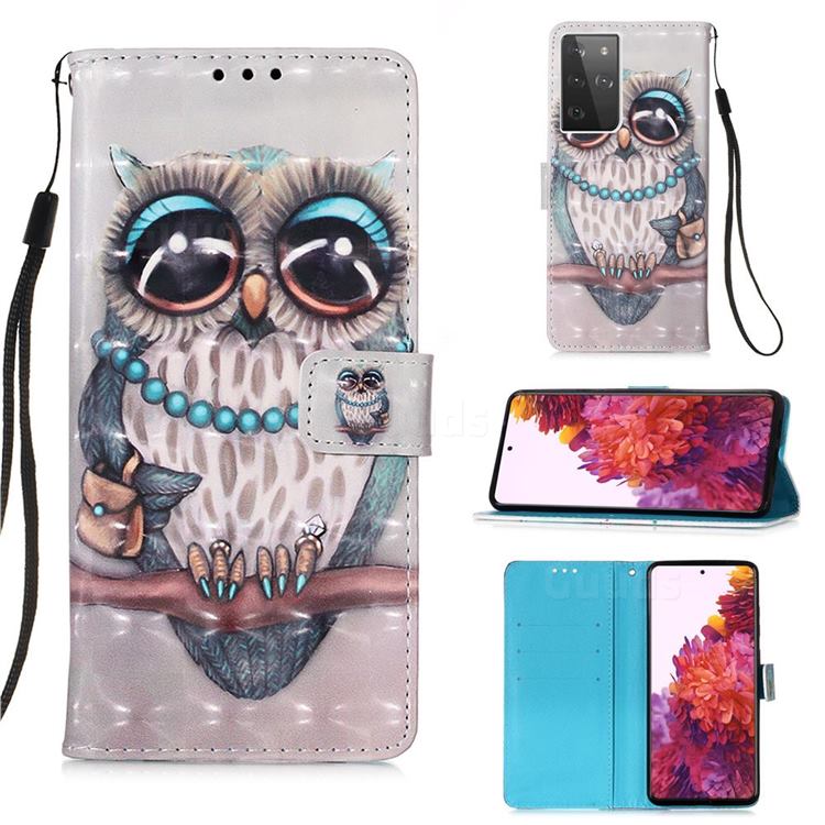 Sweet Gray Owl 3D Painted Leather Wallet Case for Samsung Galaxy S21 Ultra