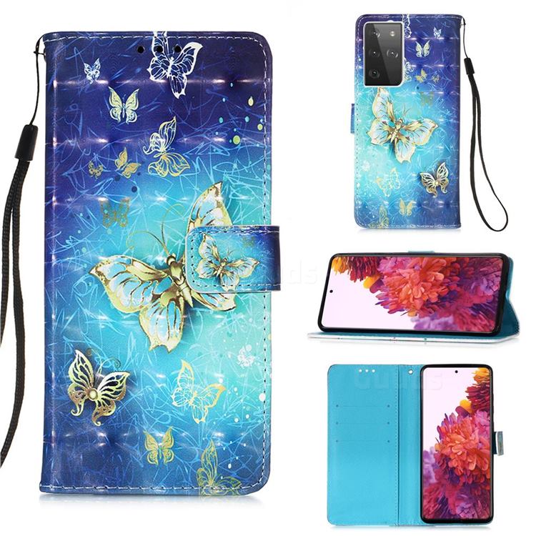 Gold Butterfly 3D Painted Leather Wallet Case for Samsung Galaxy S21 Ultra