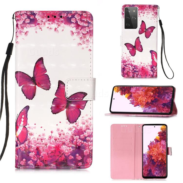 Rose Butterfly 3D Painted Leather Wallet Case for Samsung Galaxy S21 Ultra