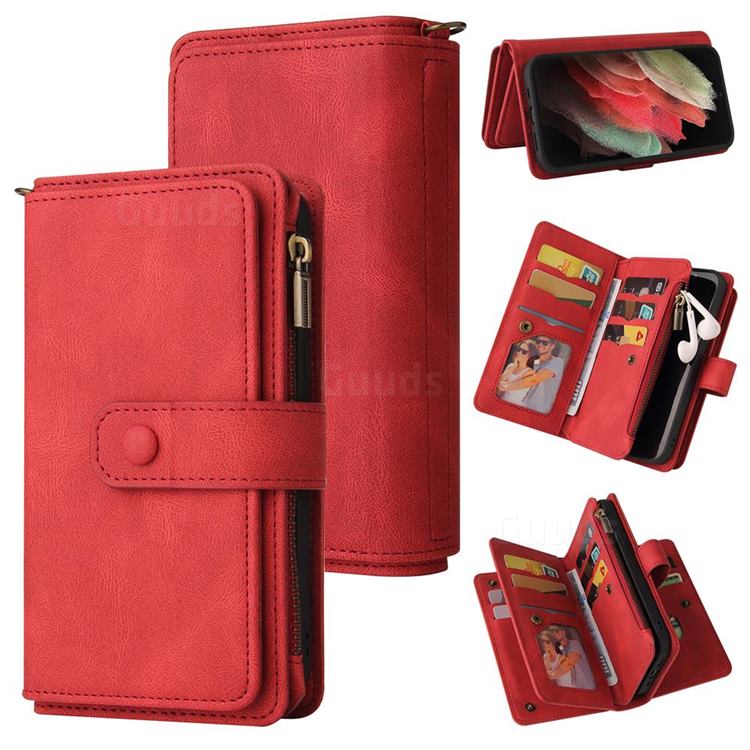 Luxury Multi-functional Zipper Wallet Leather Phone Case Cover for Samsung Galaxy S21 Ultra - Red