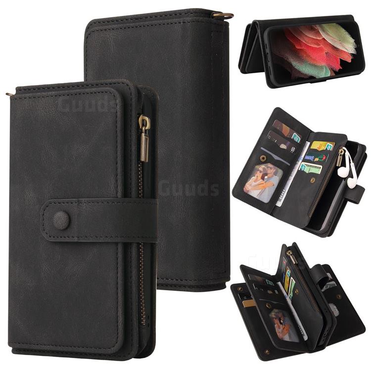 Luxury Multi-functional Zipper Wallet Leather Phone Case Cover for Samsung Galaxy S21 Ultra - Black