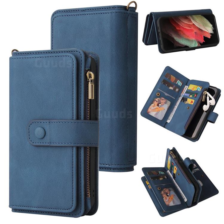 Luxury Multi-functional Zipper Wallet Leather Phone Case Cover for Samsung Galaxy S21 Ultra - Blue