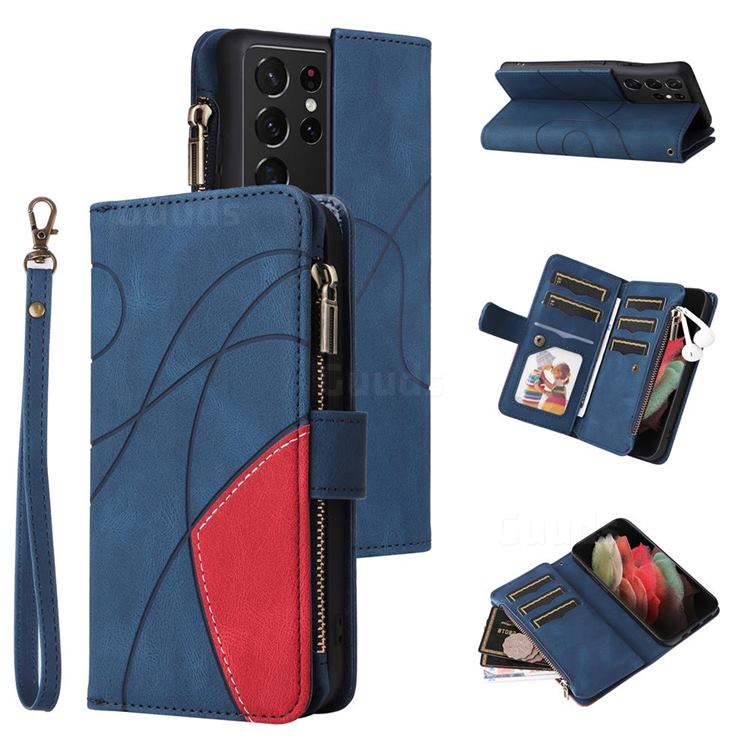 Luxury Two-color Stitching Multi-function Zipper Leather Wallet Case Cover for Samsung Galaxy S21 Ultra - Blue