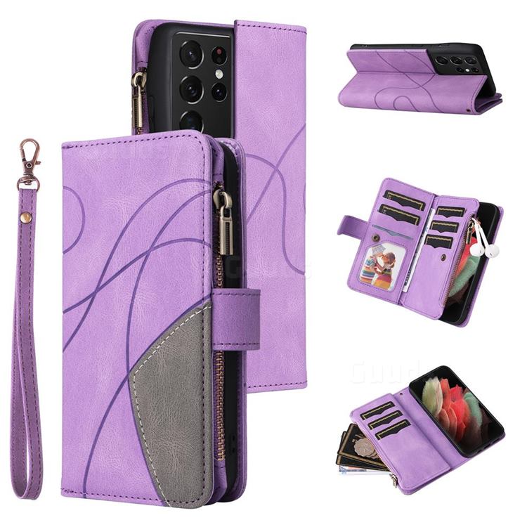 Luxury Two-color Stitching Multi-function Zipper Leather Wallet Case Cover for Samsung Galaxy S21 Ultra - Purple