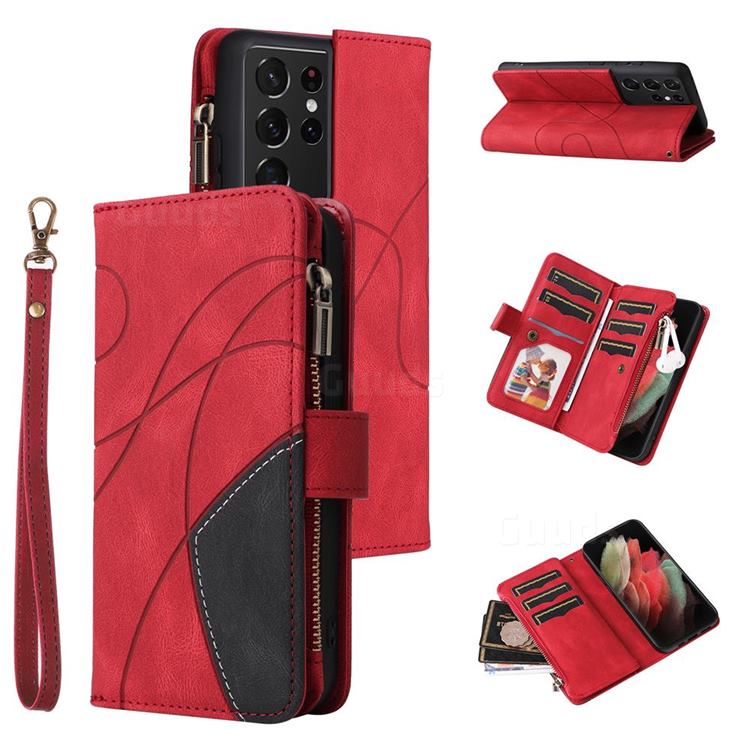 Luxury Two-color Stitching Multi-function Zipper Leather Wallet Case Cover for Samsung Galaxy S21 Ultra - Red