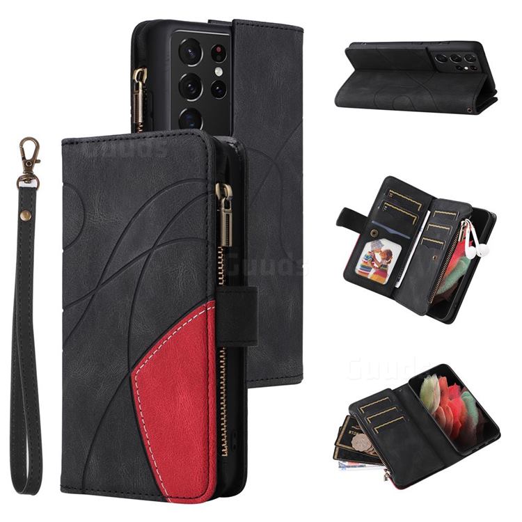 Luxury Two-color Stitching Multi-function Zipper Leather Wallet Case Cover for Samsung Galaxy S21 Ultra - Black