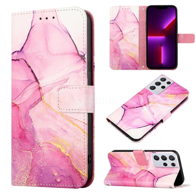 Pink Purple Marble Leather Wallet Protective Case for Samsung Galaxy S21 Ultra