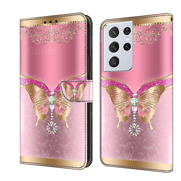 Pink Diamond Butterfly Crystal PU Leather Protective Wallet Case Cover for Samsung Galaxy S21 Ultra