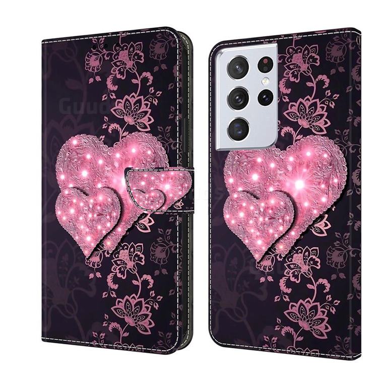 Lace Heart Crystal PU Leather Protective Wallet Case Cover for Samsung Galaxy S21 Ultra